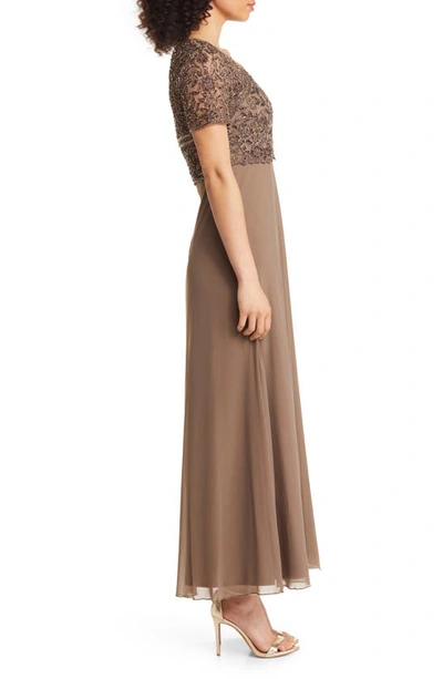 Shop Pisarro Nights Beaded Bodice A-line Gown In Mocha