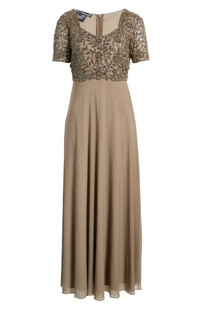 Shop Pisarro Nights Beaded Bodice A-line Gown In Mocha