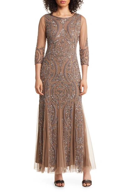 Shop Pisarro Nights Sequin Beaded Illusion Mesh Three-quarter Sleeve Gown In Mocha