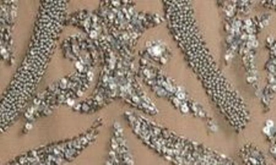 Shop Pisarro Nights Sequin Beaded Illusion Mesh Three-quarter Sleeve Gown In Mocha