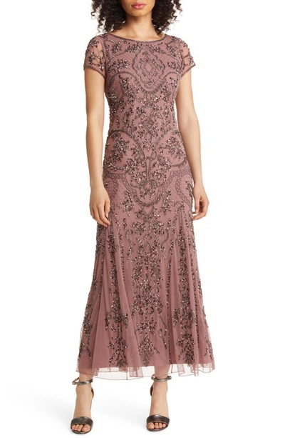 Shop Pisarro Nights Beaded Mesh Midi Cocktail Dress In Dark Mauve