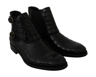 Shop Dolce & Gabbana Black Crocodile Leather Derby Boots Men's Shoes
