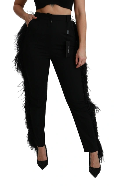 Shop Dolce & Gabbana Black Feather Straight High Waist Wool Women's Pants