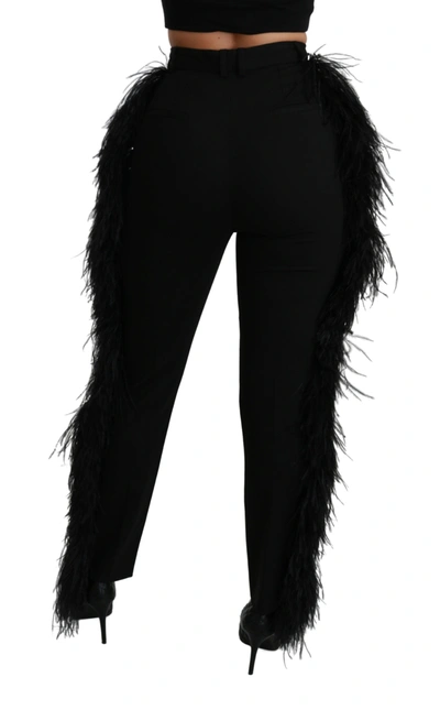 Shop Dolce & Gabbana Black Feather Straight High Waist Wool Women's Pants