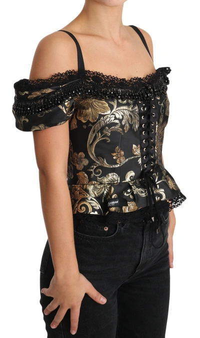 Shop Dolce & Gabbana Elegant Floral Jacquard Blouse With Crystal Women's Details In Black