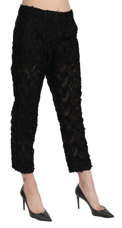 Shop Dolce & Gabbana Black Lace Straight Cropped High Waist Women's Pants