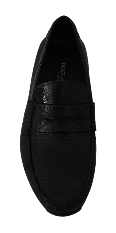 Shop Dolce & Gabbana Black Lizard Leather Flat Loafers Men's Shoes