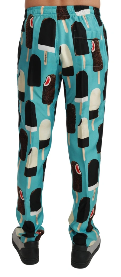 Shop Dolce & Gabbana Blue Silk Ice Cream Print Lounge Men's Pants