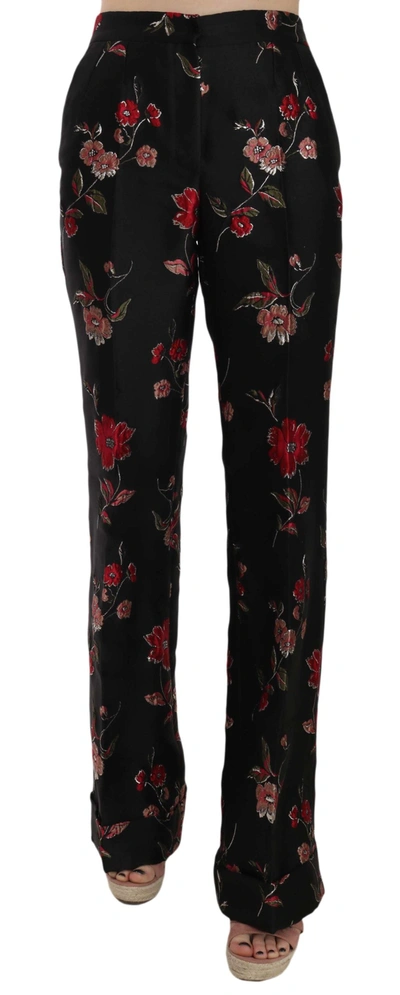 Shop Dolce & Gabbana Elegant Floral Print Boot Cut Women's Trousers In Black