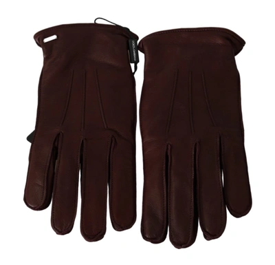 Dolce & Gabbana Maroon Wrist Length Mitten Leather Gloves In Bordeaux