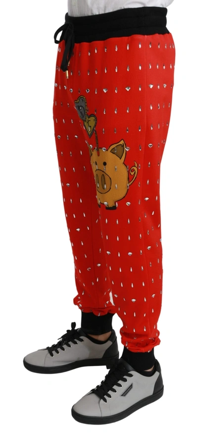 Shop Dolce & Gabbana Red Piggy Bank Cotton Crystal Trousers Men's Pants