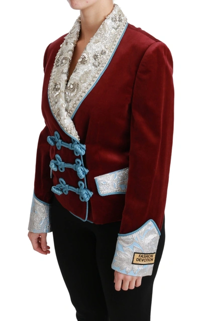 Shop Dolce & Gabbana Red Velvet Baroque Crystal Blazer Women's Jacket