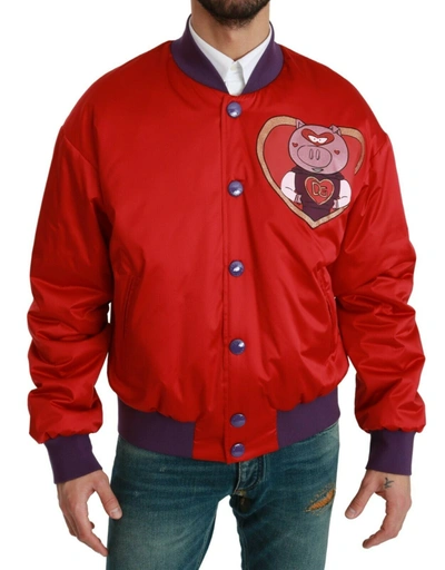 Shop Dolce & Gabbana Vibrant Red Bomber Jacket With Multicolor Men's Motif