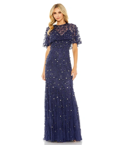 Shop Mac Duggal Embellished Illusion Cape Sleeve Trumpet Gown In Midnight