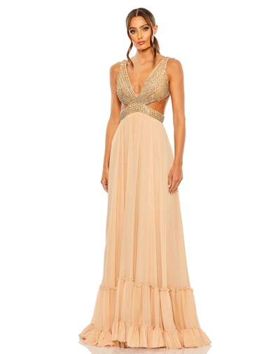 Shop Mac Duggal Lace Up Rhinestone Embellished Cut Out Gown In Gold