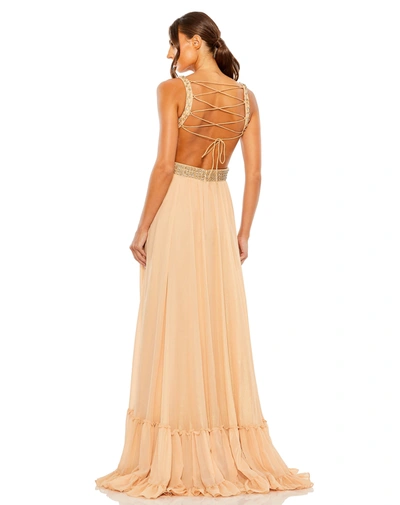Mac Duggal Lace Up Rhinestone Embellished Cut Out Gown In Gold