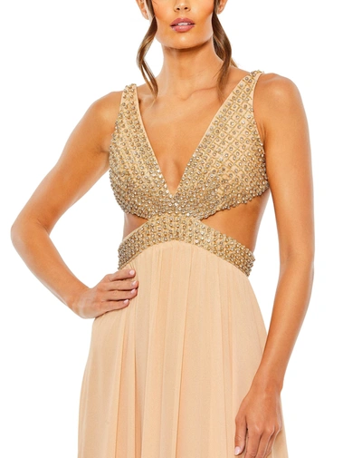 Shop Mac Duggal Lace Up Rhinestone Embellished Cut Out Gown In Gold