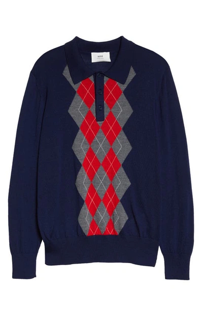 Shop Ami Alexandre Mattiussi Argyle Merino Wool Long Sleeve Polo In Navy/ Heather Grey/ Red