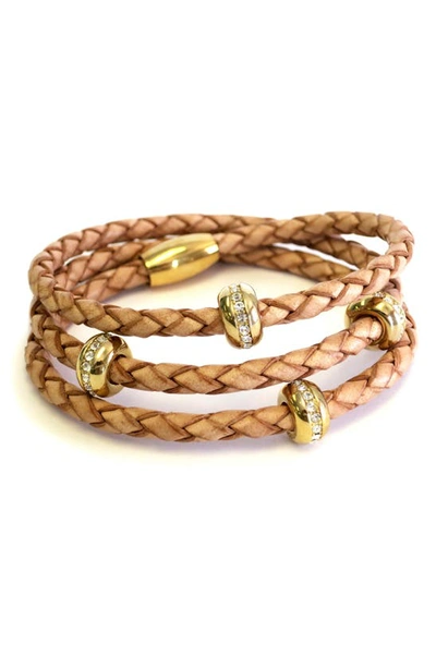 Shop Liza Schwartz Good Karma Leather & Cz Triple Wrap Bracelet In Gold/ Natural