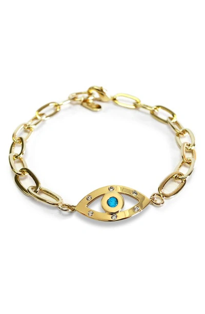 Shop Liza Schwartz Cubic Zirconia Evil Eye Paper Clip Chain Bracelet In Gold