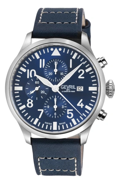 Shop Gevril Vaughn Automatic Chronograph Leather Strap Watch, 44mm In Blue