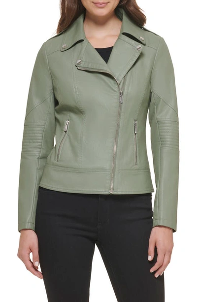Shop Guess Faux Leather Asymmetrical Moto Jacket In Sage