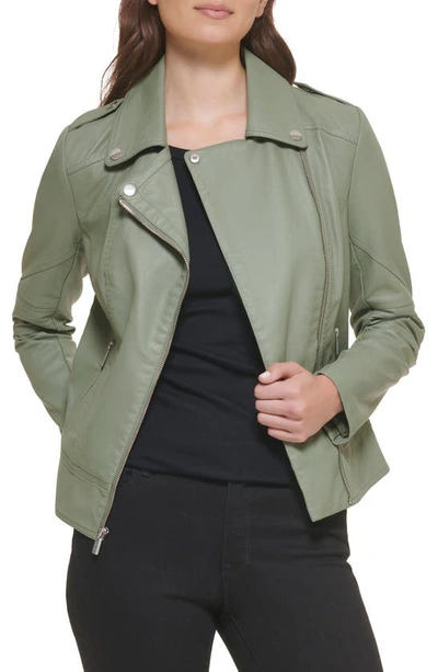 Shop Guess Faux Leather Asymmetrical Moto Jacket In Sage