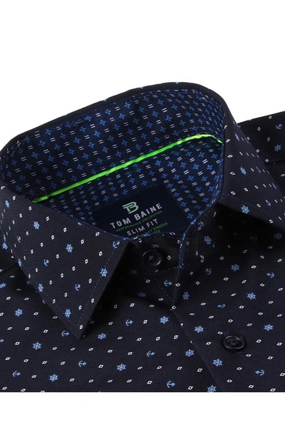 Tom Baine Anchor Print Slim Fit Short Sleeve Performance Stretch Button-up Shirt In Navy Blue