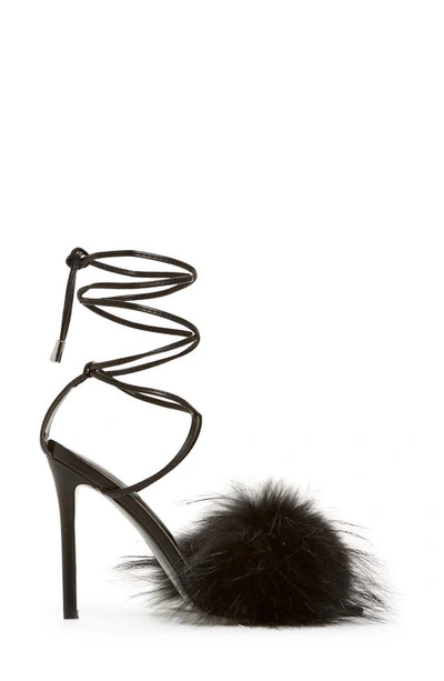 Shop Azalea Wang Bunny Faux Feather Ankle Wrap Sandal In Black