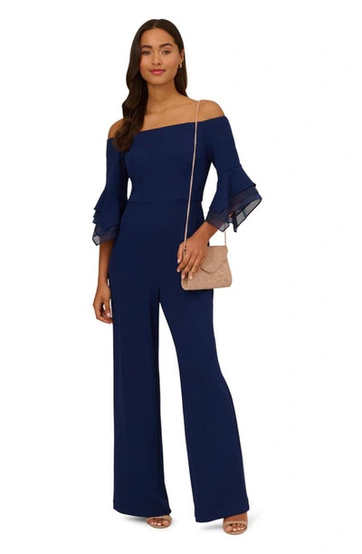 Shop Adrianna Papell Off The Shoulder Organza Crepe Jumpsuit In Navy Sateen