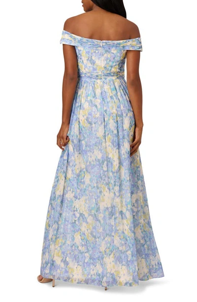 Shop Adrianna Papell Off The Shoulder Chiffon Gown In Blue Multi
