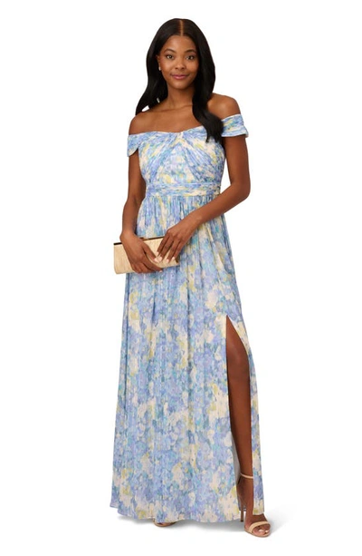 Shop Adrianna Papell Off The Shoulder Chiffon Gown In Blue Multi