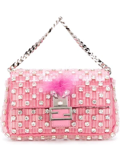 Fendi Micro Baguette Crystal-embellished Shoulder Bag With Fox Fur In Pink