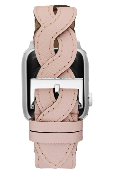 Shop Tory Burch Braided Leather 20mm Apple Watch® Watchband In Pink