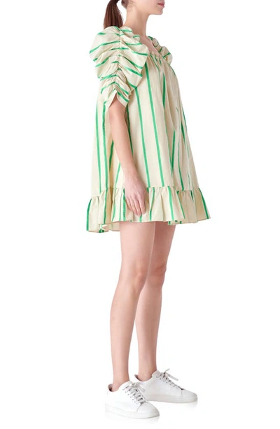 Shop English Factory Stripe Puff Sleeve Trapeze Dress In Beige/ Green