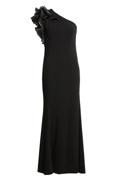 Shop Marina Ruffle One-shoulder Crepe Gown In Black