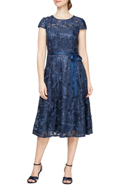 Shop Alex Evenings Embroidered Tulle Cocktail Dress In Navy