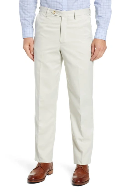 Shop Berle Classic Fit Flat Front Microfiber Performance Trousers In Stone