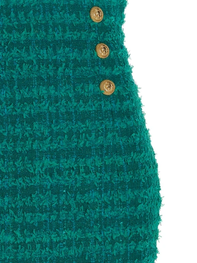 Shop Balmain Logo Button Tweed Skirt In Green