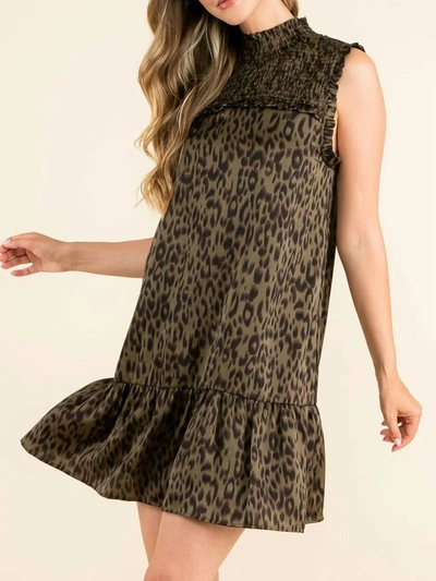 Shop Thml Leopard Print Smocked Dress In Olive In Green