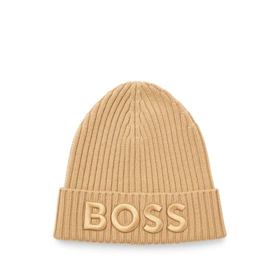 Shop Hugo Boss Ribbed Beanie Hat In Virgin Wool With Embroidered Logo In Beige