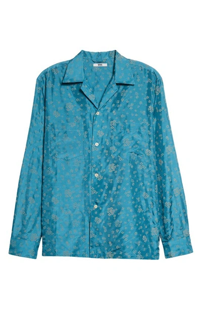 Shop Bode Flocked Floral Silk Button-up Shirt In Blue Cream
