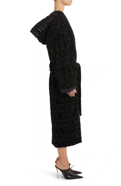 Shop Versace Logo Print Crystal Embellished Hooded Bath Robe In Black