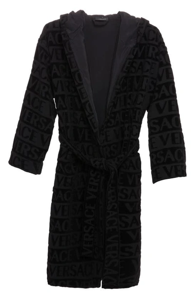 Shop Versace Logo Print Crystal Embellished Hooded Bath Robe In Black