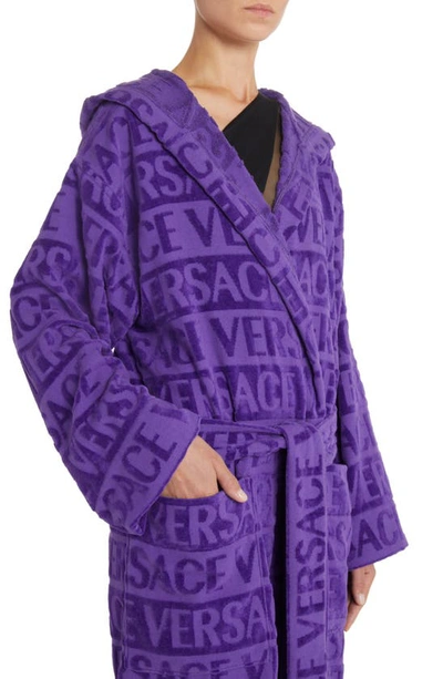 Shop Versace Logo Print Crystal Embellished Hooded Bath Robe In Purple