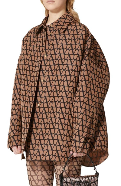 Shop Valentino Vlogo Toile Iconographe Silk Faille Snap Jacket In Mux-light Camel/ Nero