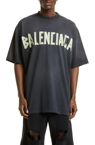 Shop Balenciaga Tape Logo Cotton Graphic T-shirt In Washed Black