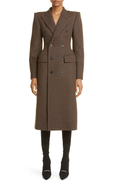 Shop Balenciaga Hourglass Houndstooth Wool Blend Coat In Brown/ Beige