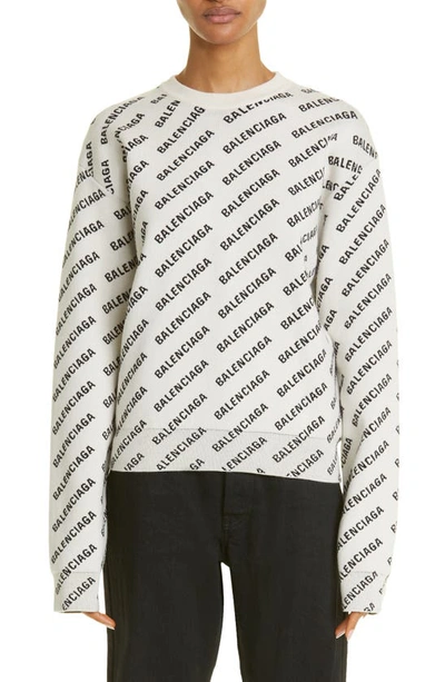 Shop Balenciaga Jacquard Logo Crewneck Cotton & Wool Blend Sweater In Chalky White/ Black
