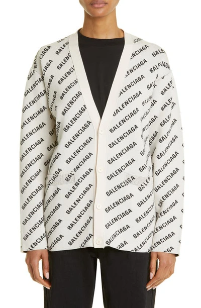 Shop Balenciaga Mini Logo Jacquard V-neck Cotton & Wool Blend Cardigan In Chalky White/ Black